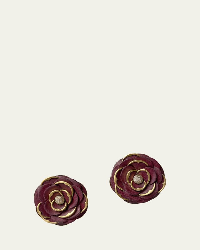 18K Yellow Gold Carved Wood Earrings with Diamonds